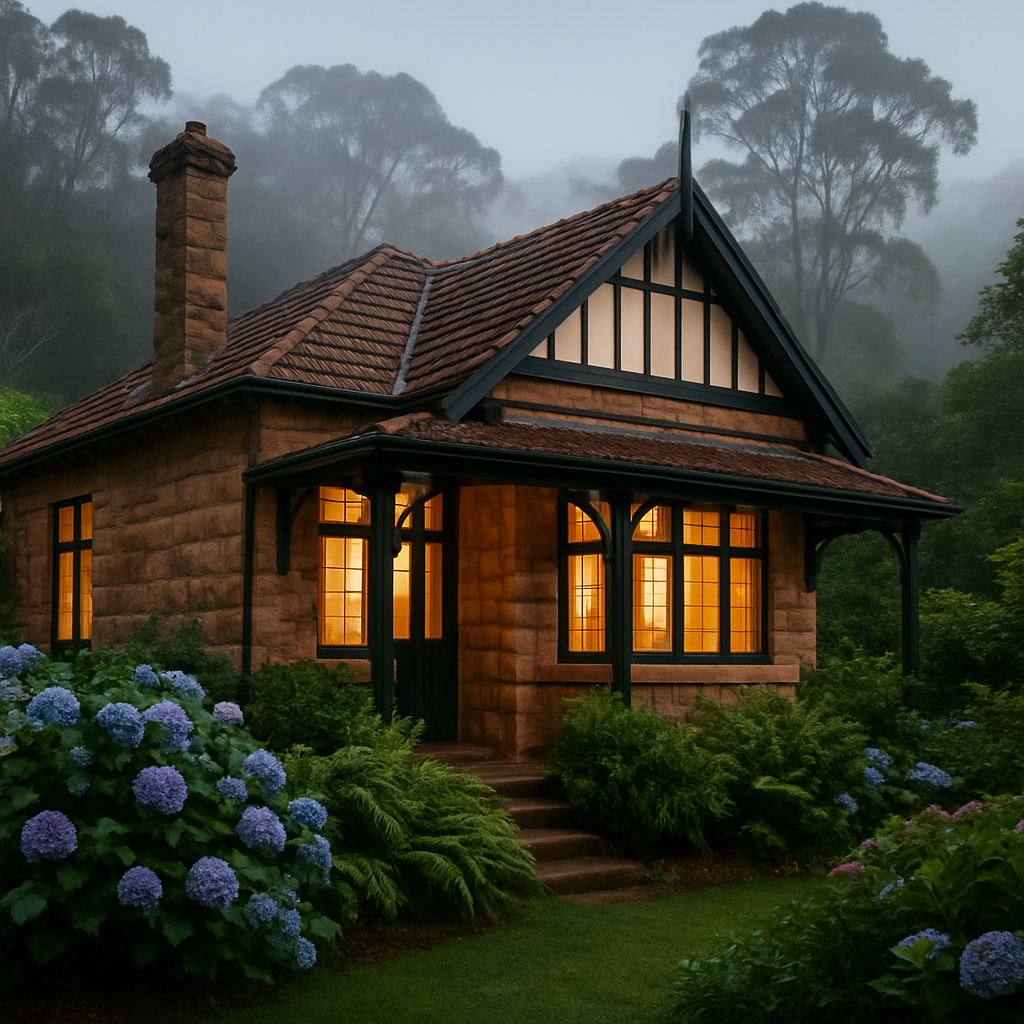 Charming heritage cottage in the Blue Mountains with lush garden and warm glowing lights