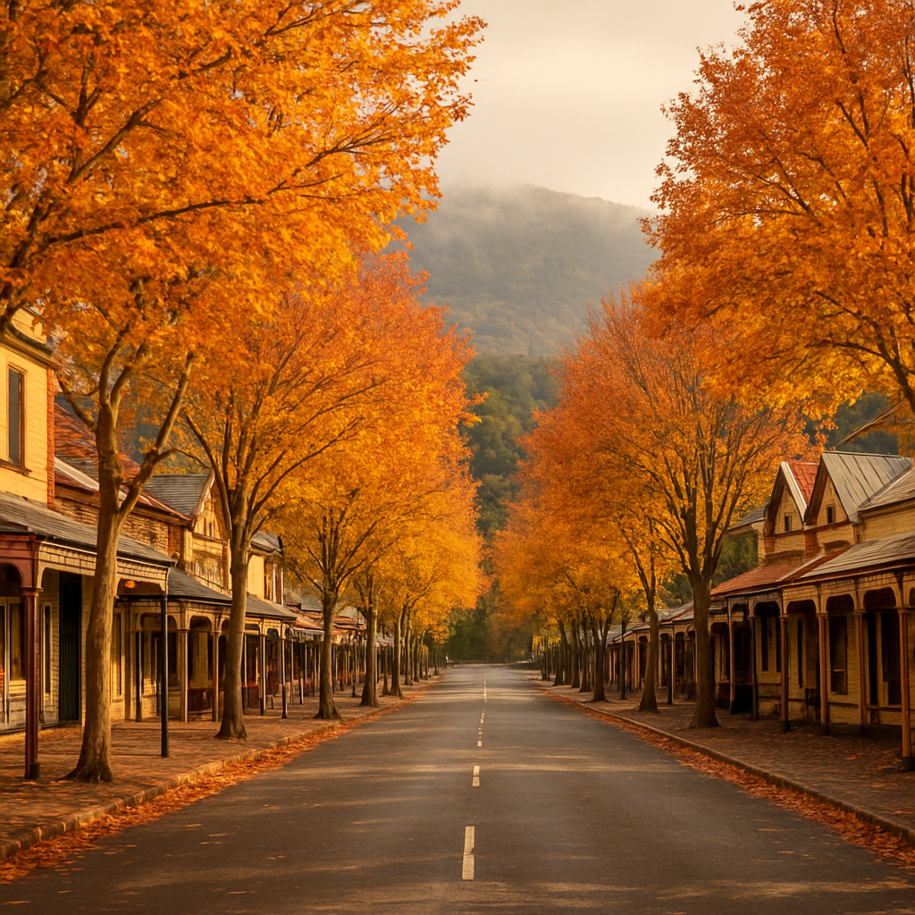 Leura Mall main street with heritage sandstone shops, iron lace verandahs and autumn plane trees — Blue Mountains NSW