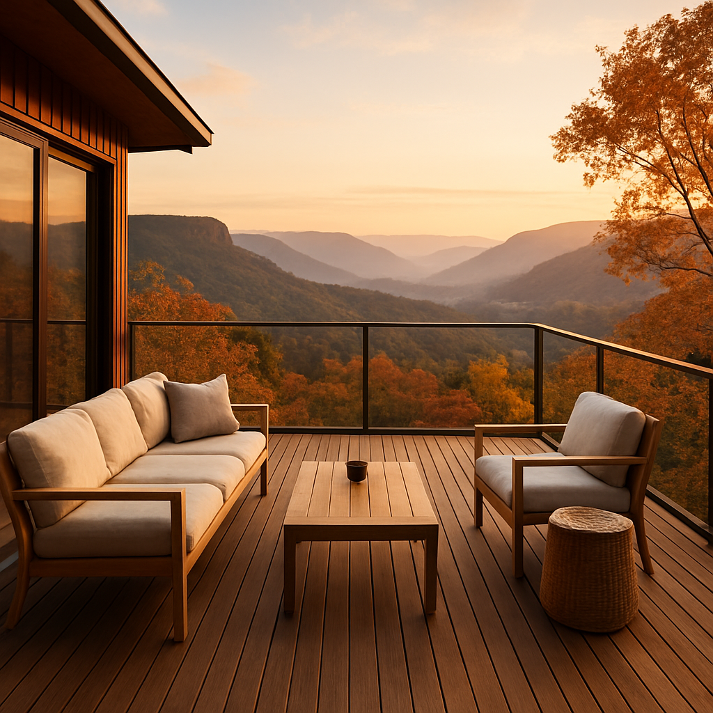 Mountain cottage outdoor deck overlooking dramatic Blue Mountains valley at golden hour
