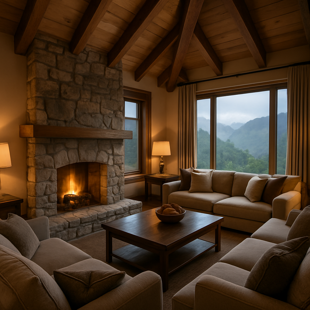Cosy holiday rental cottage interior with stone fireplace and mountain forest views