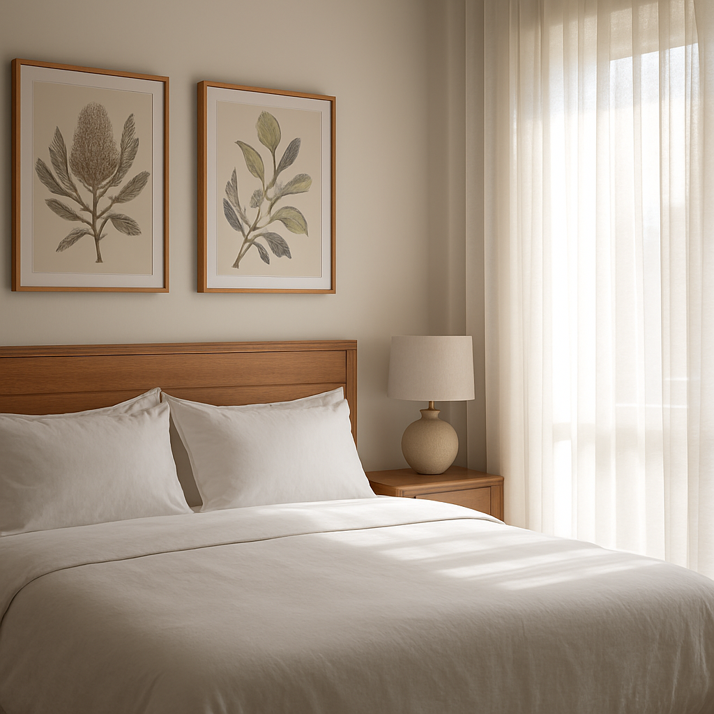 Beautifully styled holiday home bedroom with crisp white linen and native botanical artwork